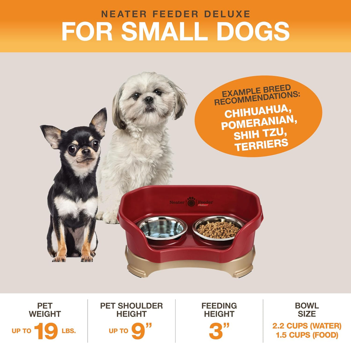 Neater Pet Brands Neater Feeder Deluxe Mess Proof Dog Bowls Elevated for Small Dogs Under 19 lbs, Made in USA, No Spill Raised Dog Food Bowl Stand Feeding Station, Food and Water Bowl Set, Cranberry 
