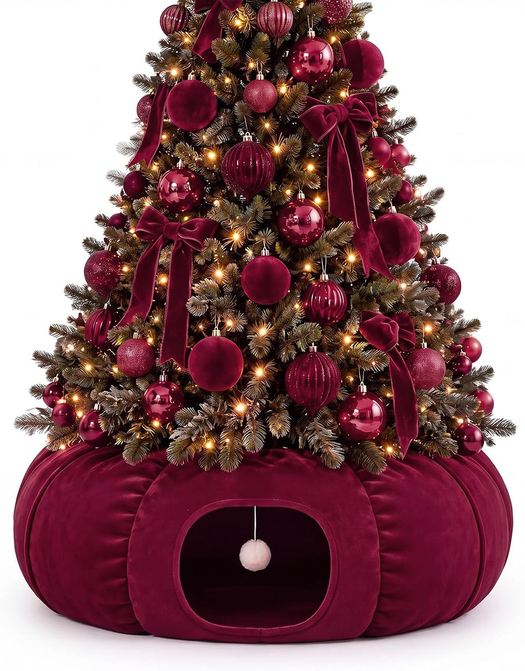 Christmas Tree Cat Tunnel 36 in Donut Bed, Burgundy, Velvet, Fluffy