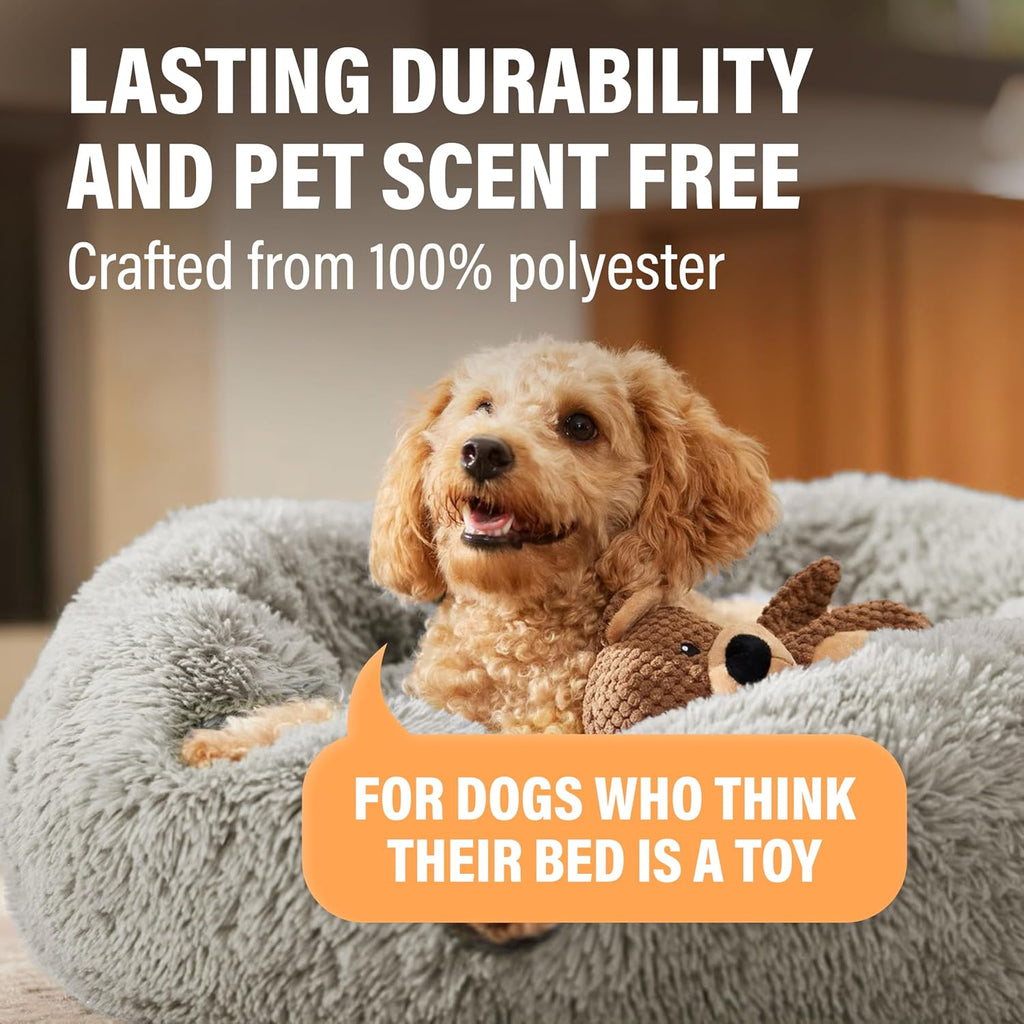 Active Pets Premium Small Donut Dog Bed, Fits Up to 45 lbs, Machine Washable Cushion, Plush Long Pile Faux Fur Fabric, Portable Beige Pet Bed Furniture for Puppies Adult Canines & Cats