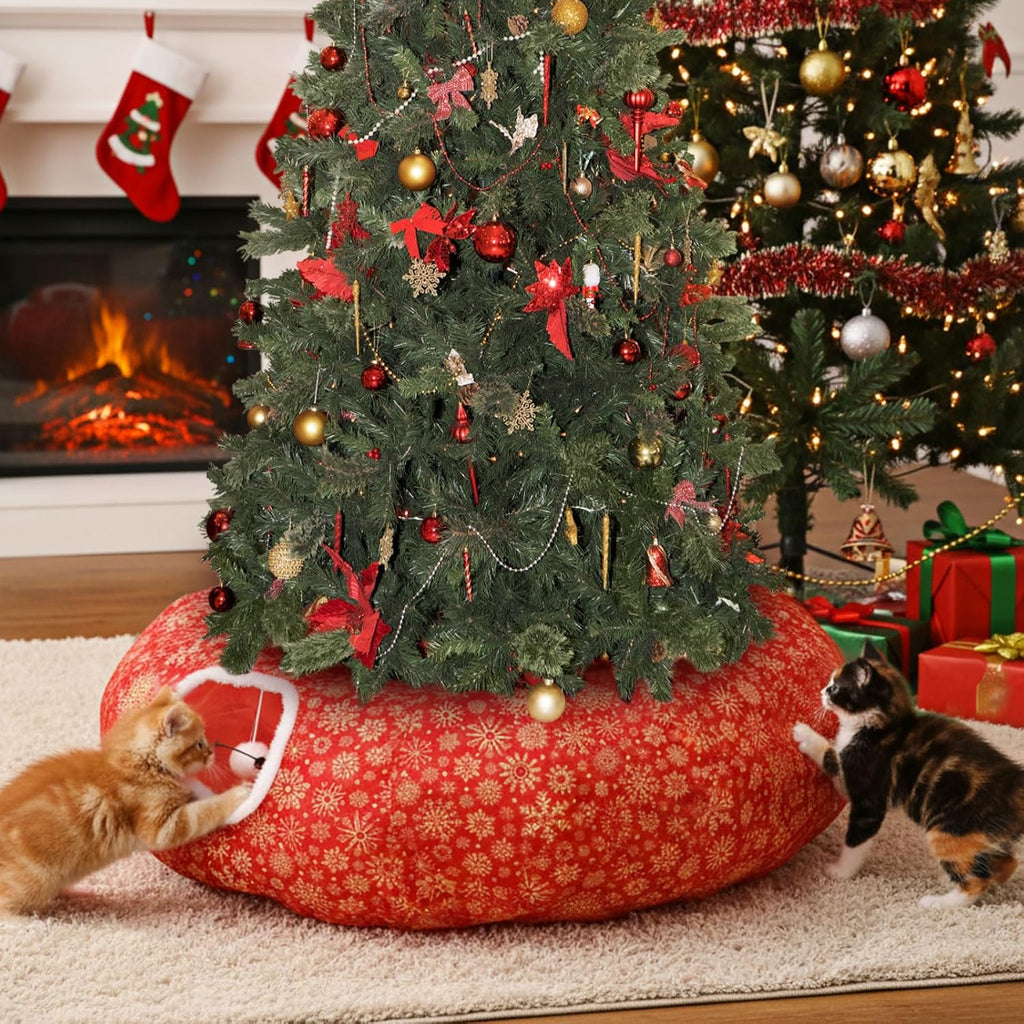 Snowflake Cat Tunnel Bed Under Christmas Tree 36'' Kitten Circle Donut Tunnel Skirt with Ball Mat Decorative Xmas Folding Home Kitty Guard Tube Holiday Party Indoor Pet(Red Gold)
