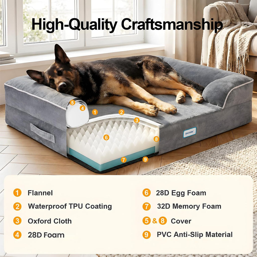 OhGeni Orthopedic Extra Large Dog Bed Couch, Memory Foam, 45×33Inch (Gray)