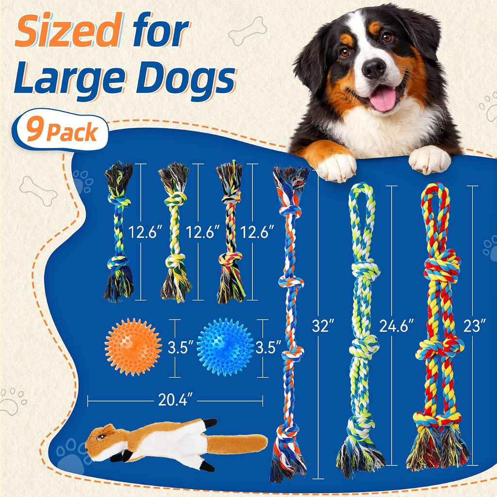 Forfon 9 Pack Dog Rope Toy Set for Large Dogs, Tough Dog Chew Toys for Aggressive Chewers, Interactive Tug of War Toys with Squeaky Plush & Squeaky Balls for Teeth Cleaning & Chewing