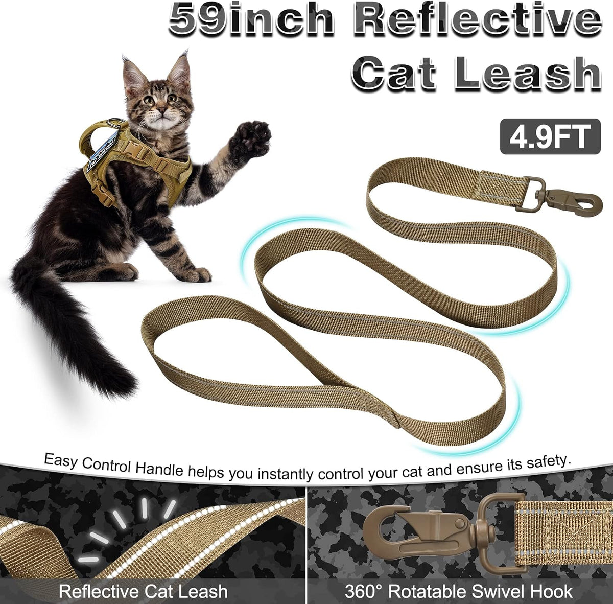 Tactical Cat Harness and Leash Set for Large Cats, Khaki, L