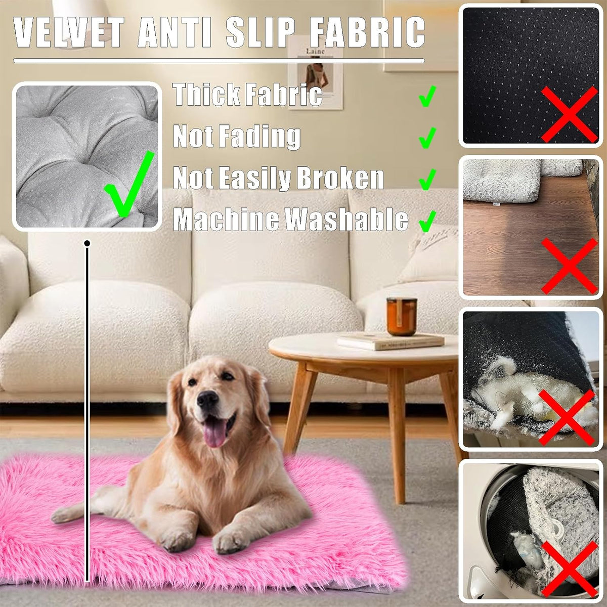 Machine Washable Dog Bed, Deluxe Plush Dog Crate Pad and Cat Bed, Anti-Slip Bottom Kennel Pad Mat, Fuzzy Pet Beds for Large, Medium, Small Dogs Breeds (Pink, 36.0" L x 24.0" W x 3.0" Th x 1 Pack)