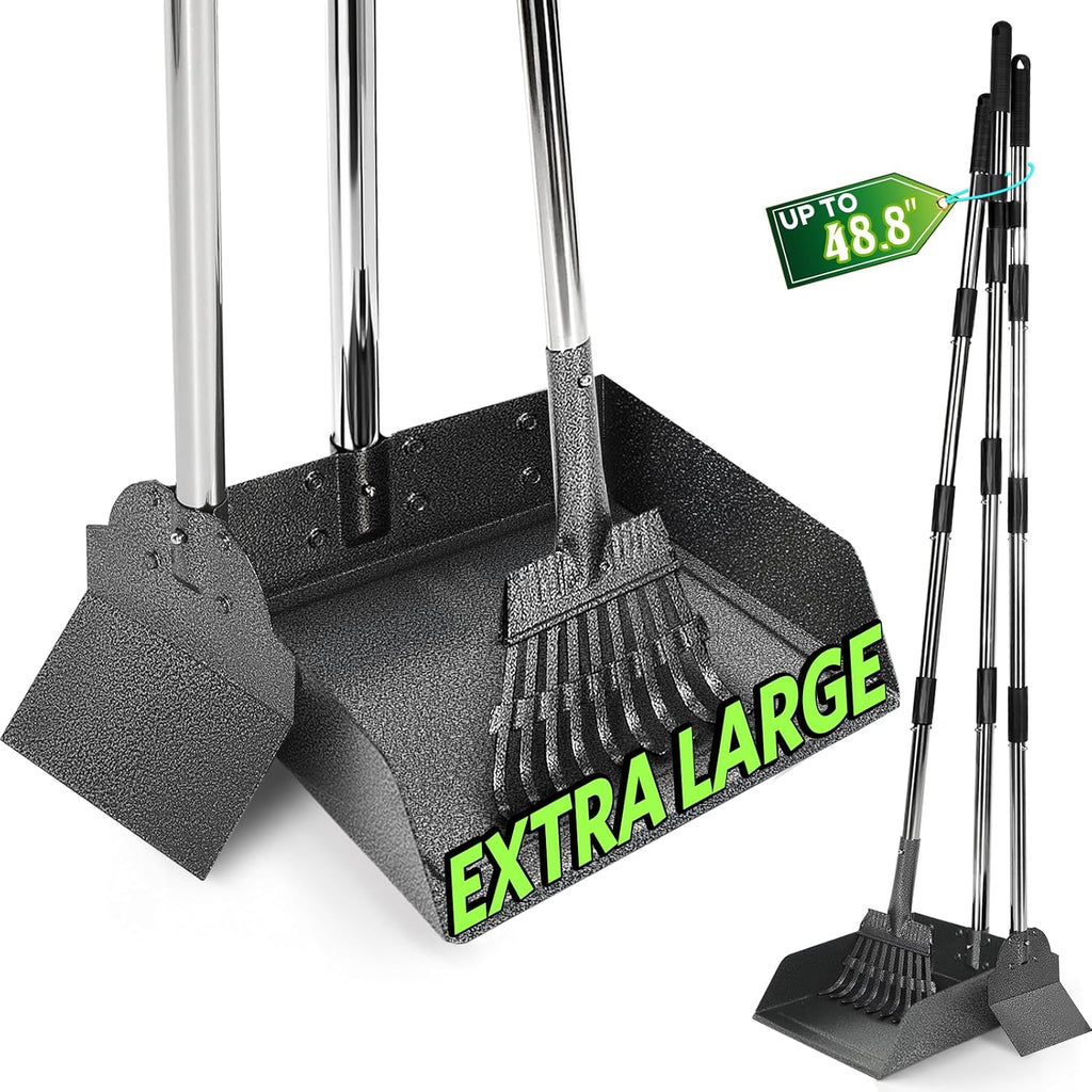 T2Y Pooper Scooper for Large Dogs, Rake & Spade & Extra Large Tray Set | 48" Tall No-Bend | 9.4'' Large Tray | Stainless Steel | Adjustable | Works on Grass, Gravel & Dirt | Easy to Install