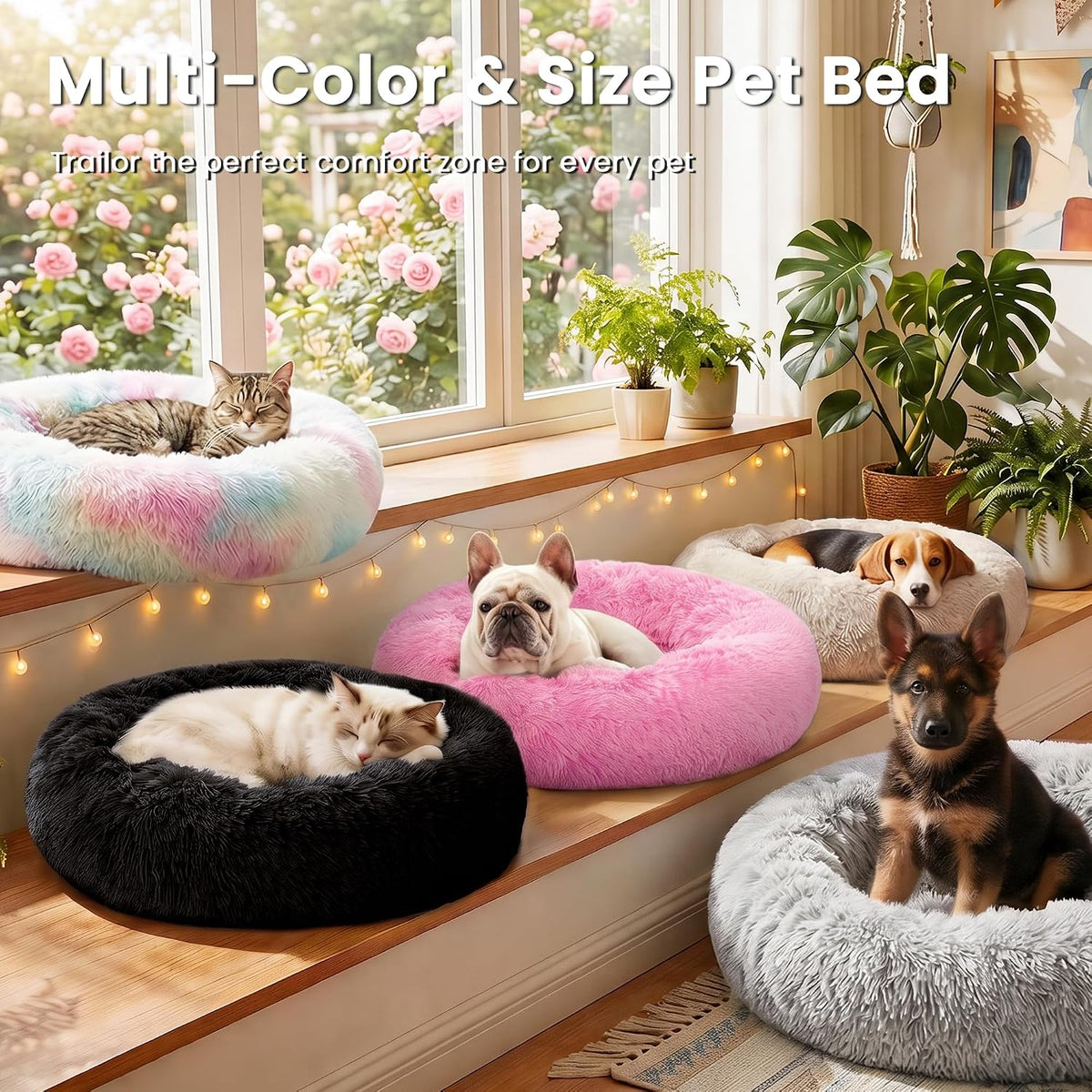 Love's cabin Calming Cat Bed for Indoor Cats, Anti-Anxiety Donut Round Dog Bed,Fluffy Faux Fur Washable Pet Bed for Small Medium Dogs and Cats, Black, 20in