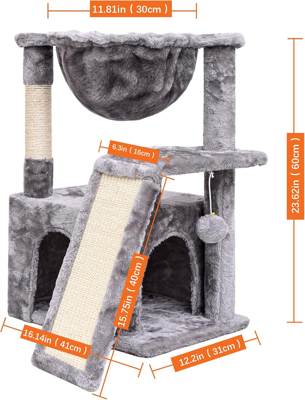 SYANDLVY Cat Tree for Indoor Cats Large Adult, Modern Activity Tower with Scratching Posts & Board, Condo with Plush Perch, Climbing Stand with Cradle & Hanging Ball for Play, Light Grey