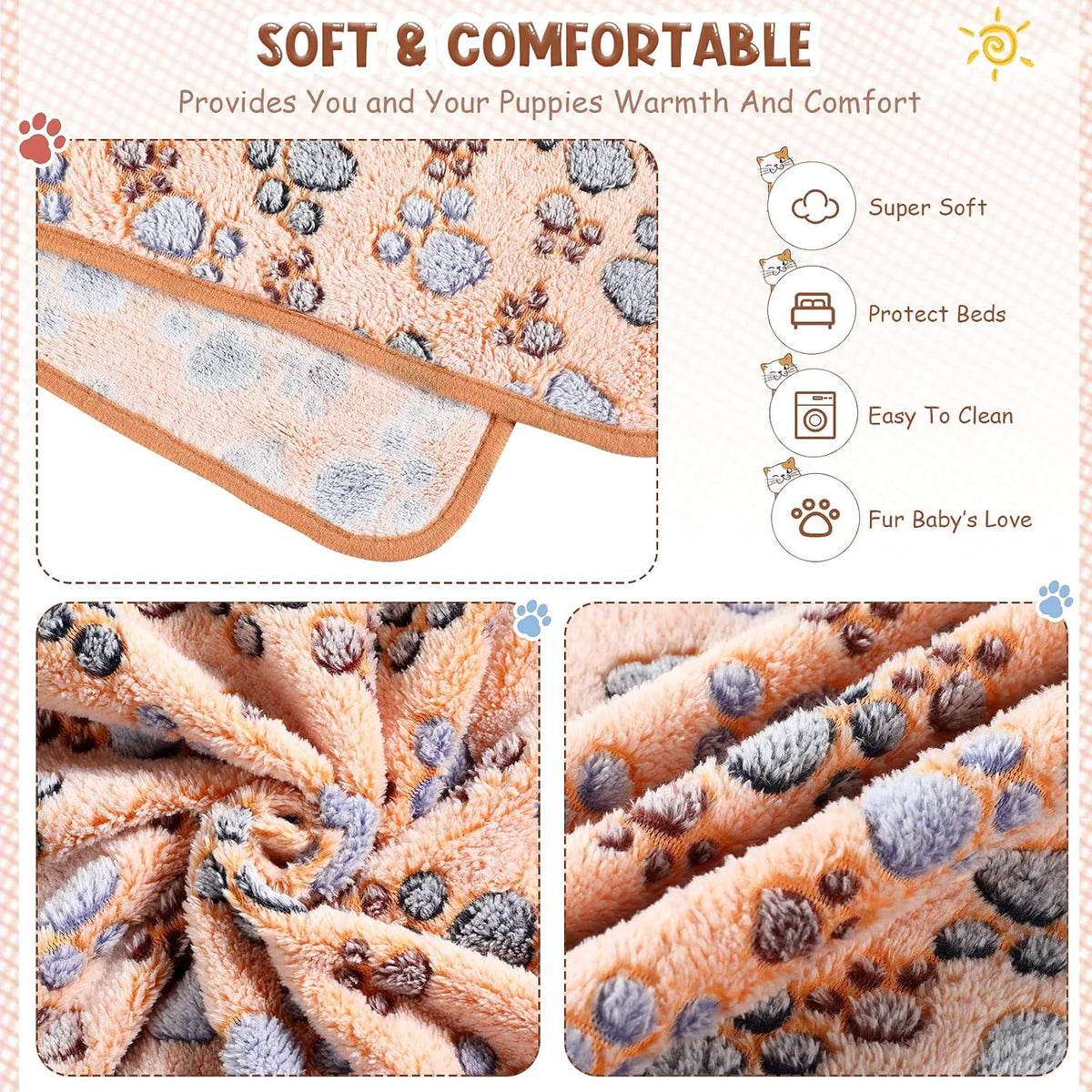 Tatuo 4 Pcs Fleece Dog Blankets for Puppy Cat, Mixed, 51 x 63 in, Paw