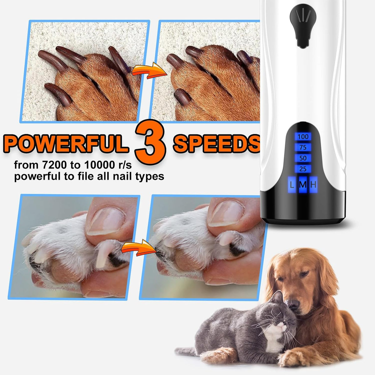 YABIFE Dog Nail Trimmers and Dog Nail Clippers Kit, Whisper Quiet Electric Grinder with Light, for Small, Medium, Large Dogs, Cats Toenail Grooming, 3 Speeds