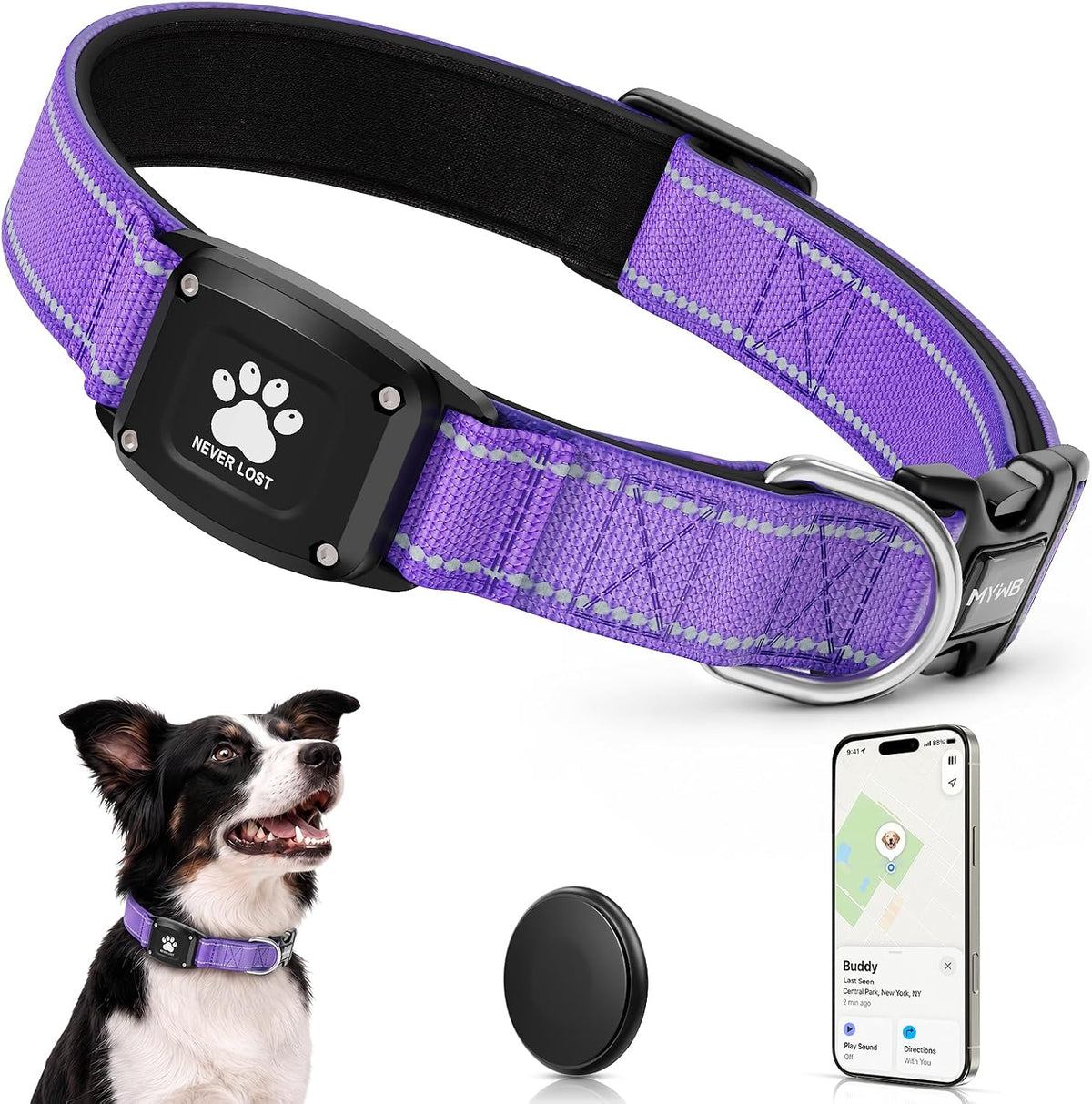 GPS Dog Collar with Tracker, Waterproof, No Monthly Fee, Purple, S