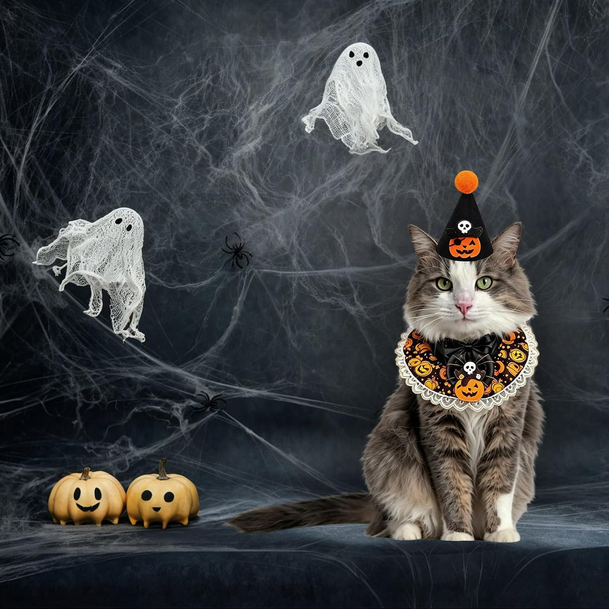 Cat Halloween Pumpkin Costume Set, Funny Halloween Outfit for Cats & Puppy