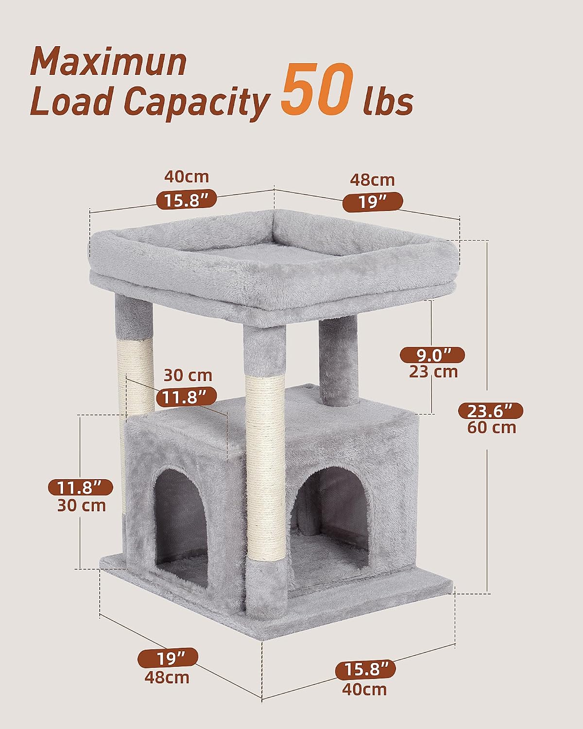 23.6" Cat Tree for Large Cat, 19 * 15.8 in Large Perch, Light Gray