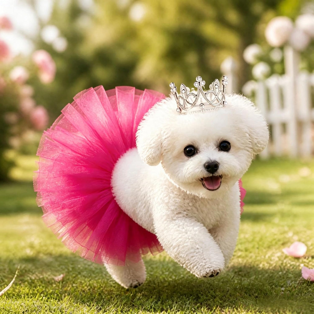 Pet Costume Set Tutu Skirt with Pearl Crown for Small Dog Cat Halloween Birthday Wedding Photo Prop Costume (Rose Red)