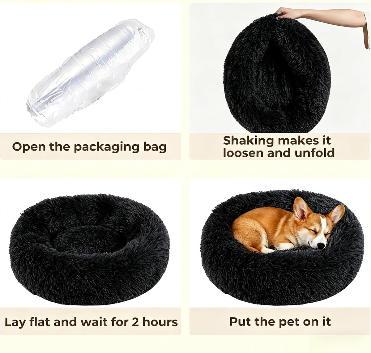 Calming Donut Dog and Cat Bed for Indoor Cats, Anti-Anxiety Round Fluffy Soft Washable Small Pet Bed for Puppy and Kitten, Warming Comfortable Luxury Anti-Slip Waterproof Mute Base 20in Black