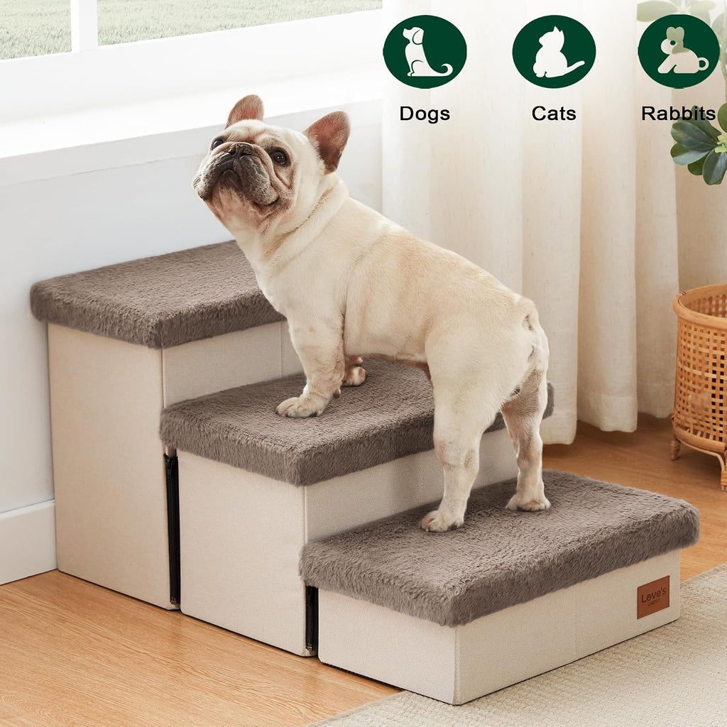 Love's cabin Dog Stairs for High Bed, Foldable Pet Stairs for Small Medium or Large Dogs Puppy with Storage for Bed or Couch, Cat Dog Steps Ramp with Zip up to 200 lbs, Brown, 3 Steps