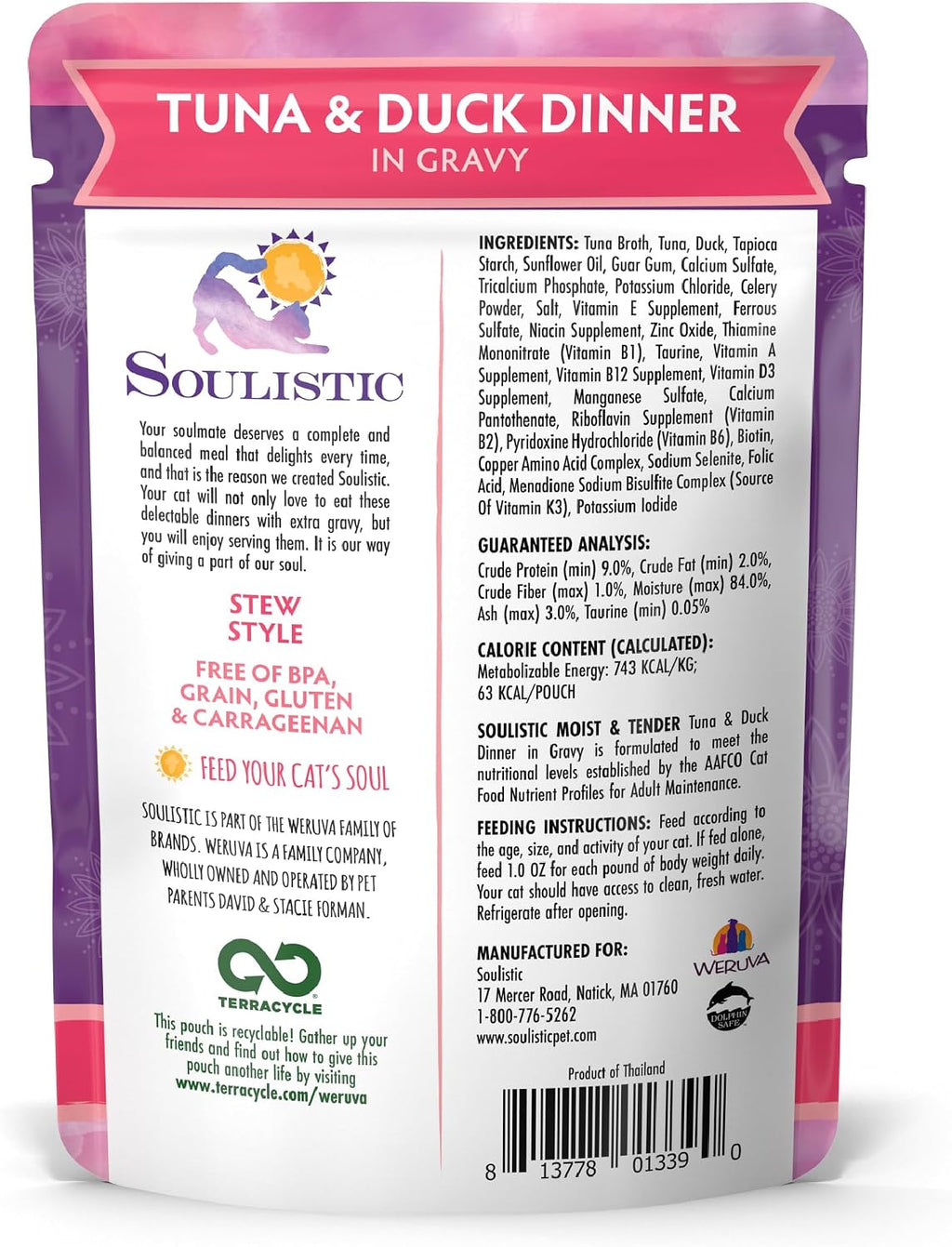 Soulistic Moist and Tender, Tuna and Duck Dinner in Gravy, 3oz Pouch, Pack of 8