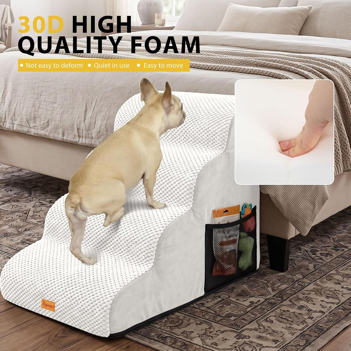 4-Step Dog Stairs for Small Dogs, Non-Slip Foam Pet Steps for High Beds