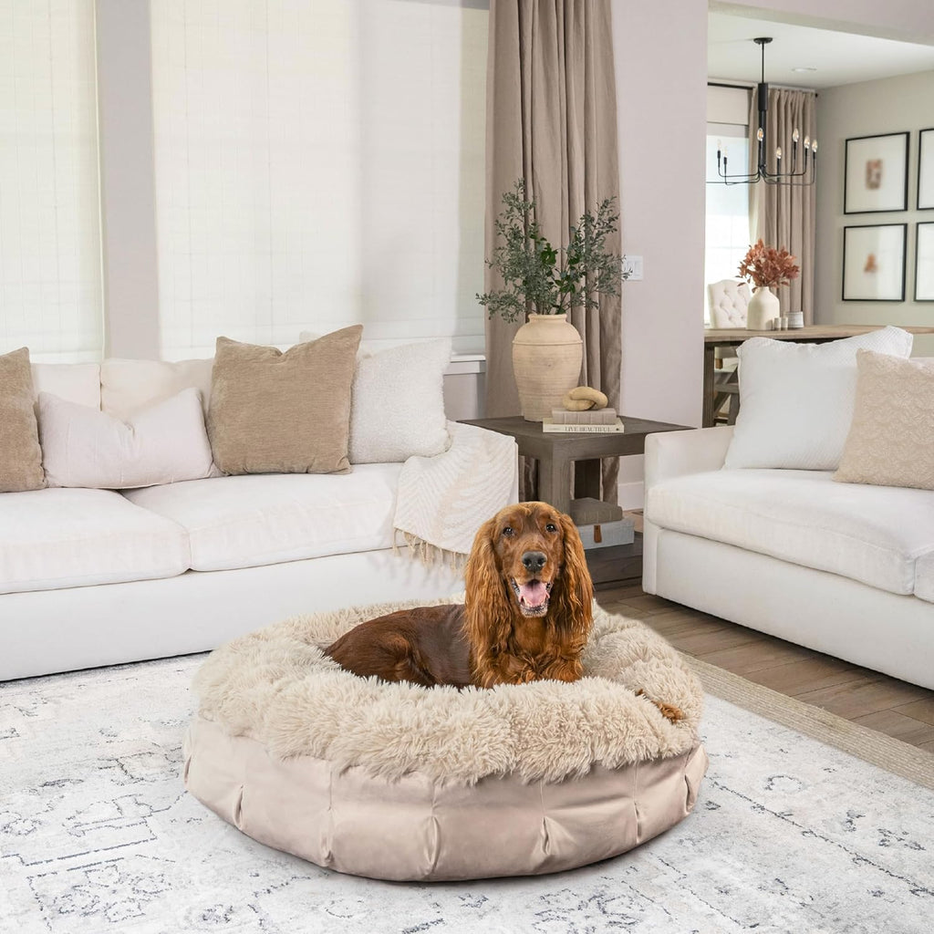 Best Friends by Sheri Ultra Calming Pouf Bed, Orthopedic Round Dog Bed for Joint Support, Faux Fur, Washable Cover, Tan, Large, 36"x36"