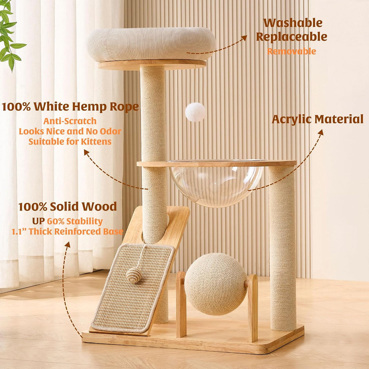 HITTITE Solid Wood Cat Tree Tower with Scratching Post, 37.8 Inches Tall Cat Towers with Scratching Board and Scratcher Ball, Modern Cat Tower With Space Capsule and Removable Top Bed for Indoor Cats.