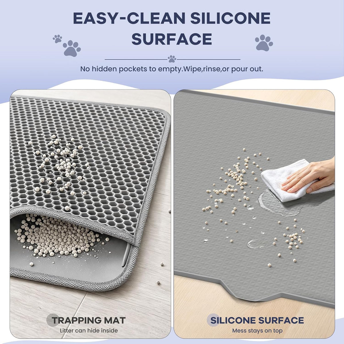 Cat Litter Mat, XL 47 x 37 in Extra Large Silicone Litter Box Mat | Gray, Silicone rubber, Water-resistant, Easy pour-out front notch, Raised lip, Grippy backing, Rinses clean