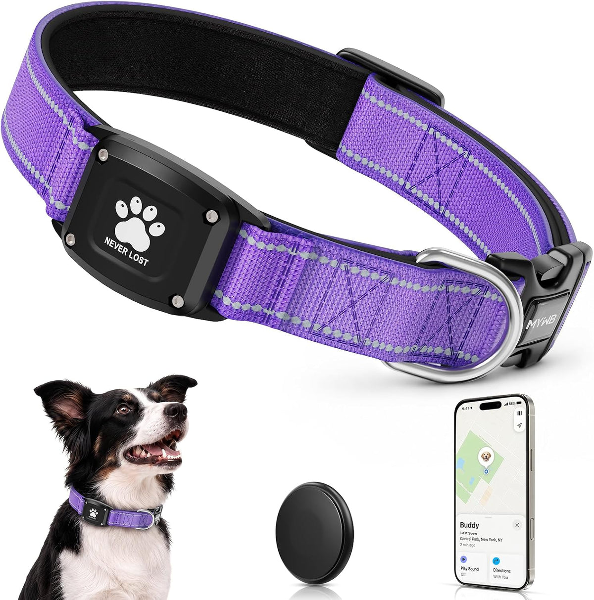 GPS Dog Collar with Tracker, Waterproof, No Monthly Fee, Purple, M