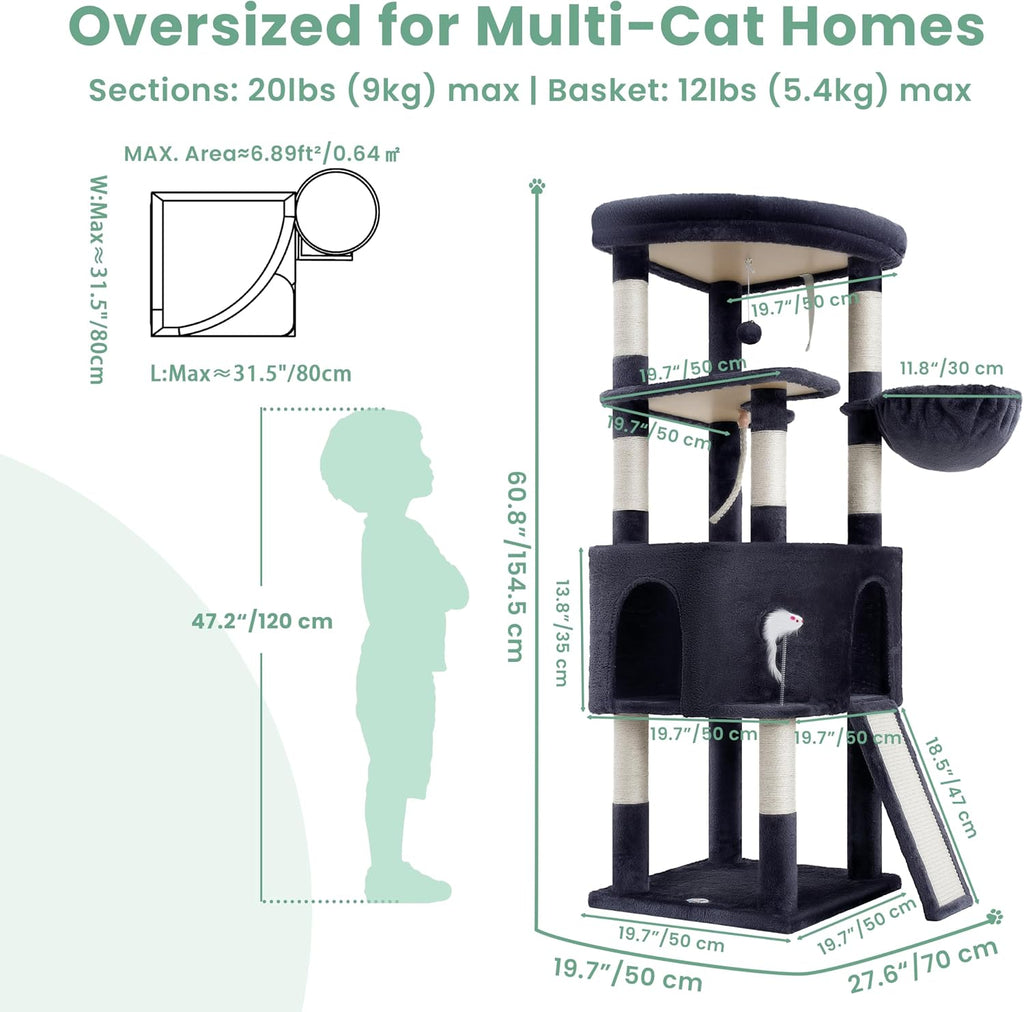 Cat Tree, 61 Inch Tall Cat Tower, Diamond-Shaped Cat Cave VCT001G