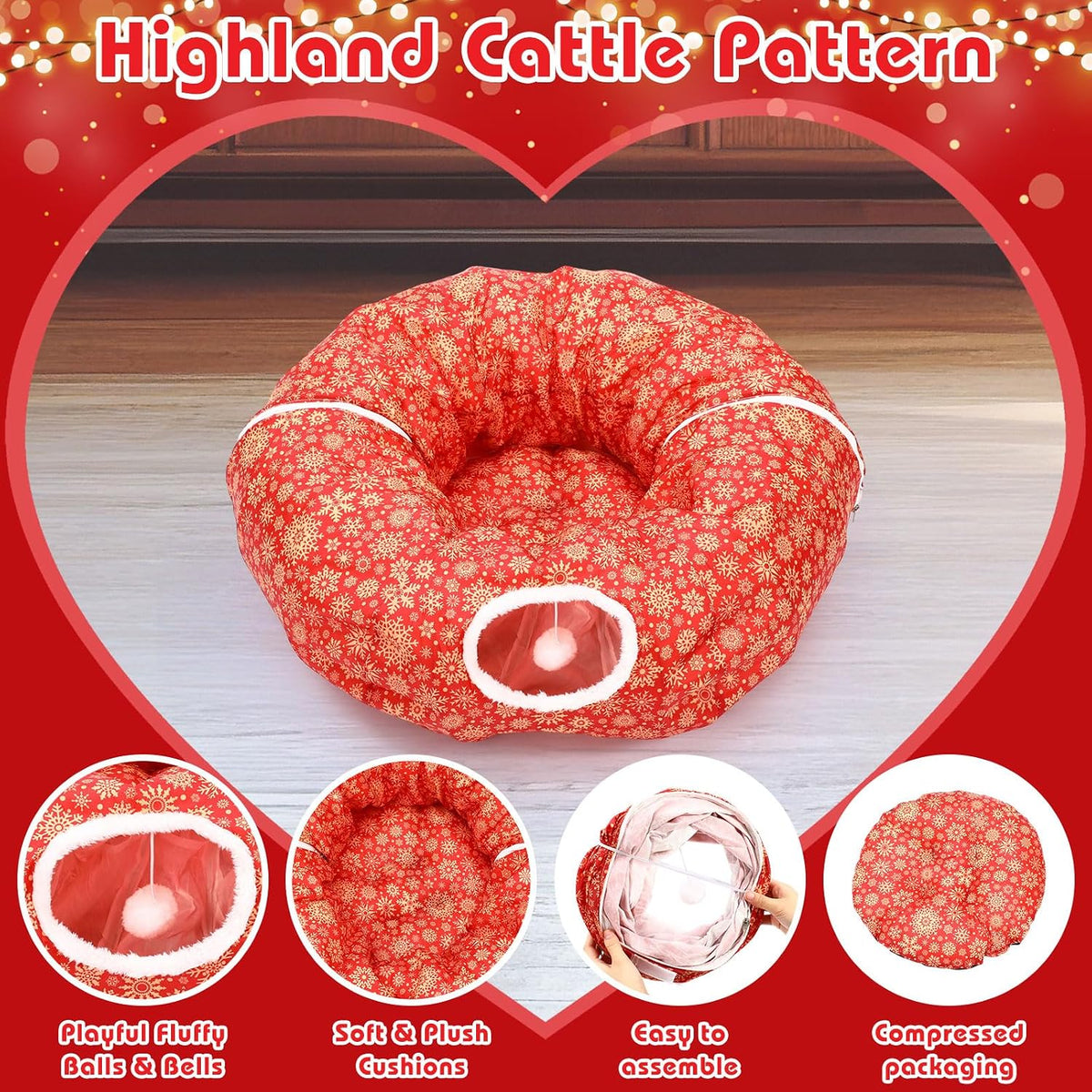Snowflake Cat Tunnel Bed Under Christmas Tree 36'' Kitten Circle Donut Tunnel Skirt with Ball Mat Decorative Xmas Folding Home Kitty Guard Tube Holiday Party Indoor Pet(Red Gold)