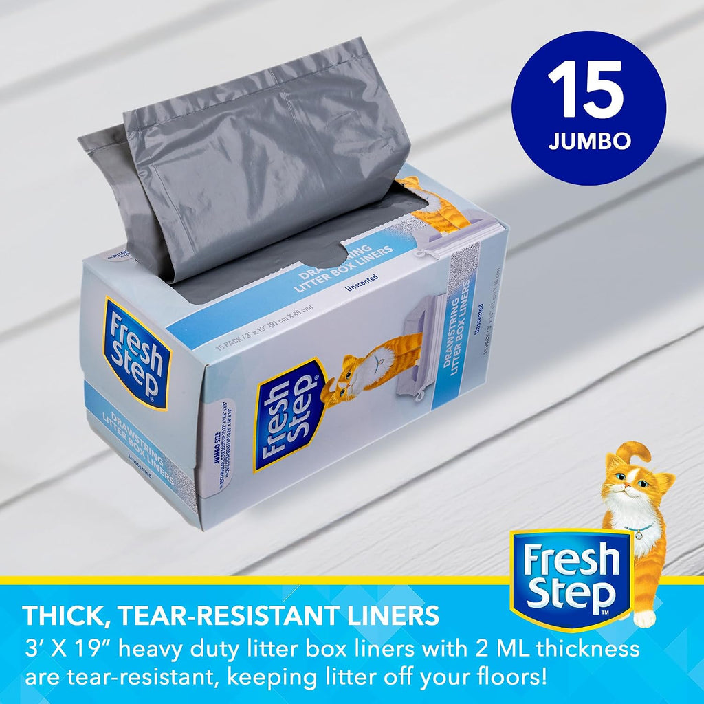 Fresh Step Drawstring Cat Litter Box Liners,Unscented, 3 ft x 19 in, 15 Ct | Heavy-duty drawstring design, for extra-large oval or rectangle pans, leak-proof, easy cleanup, daily use