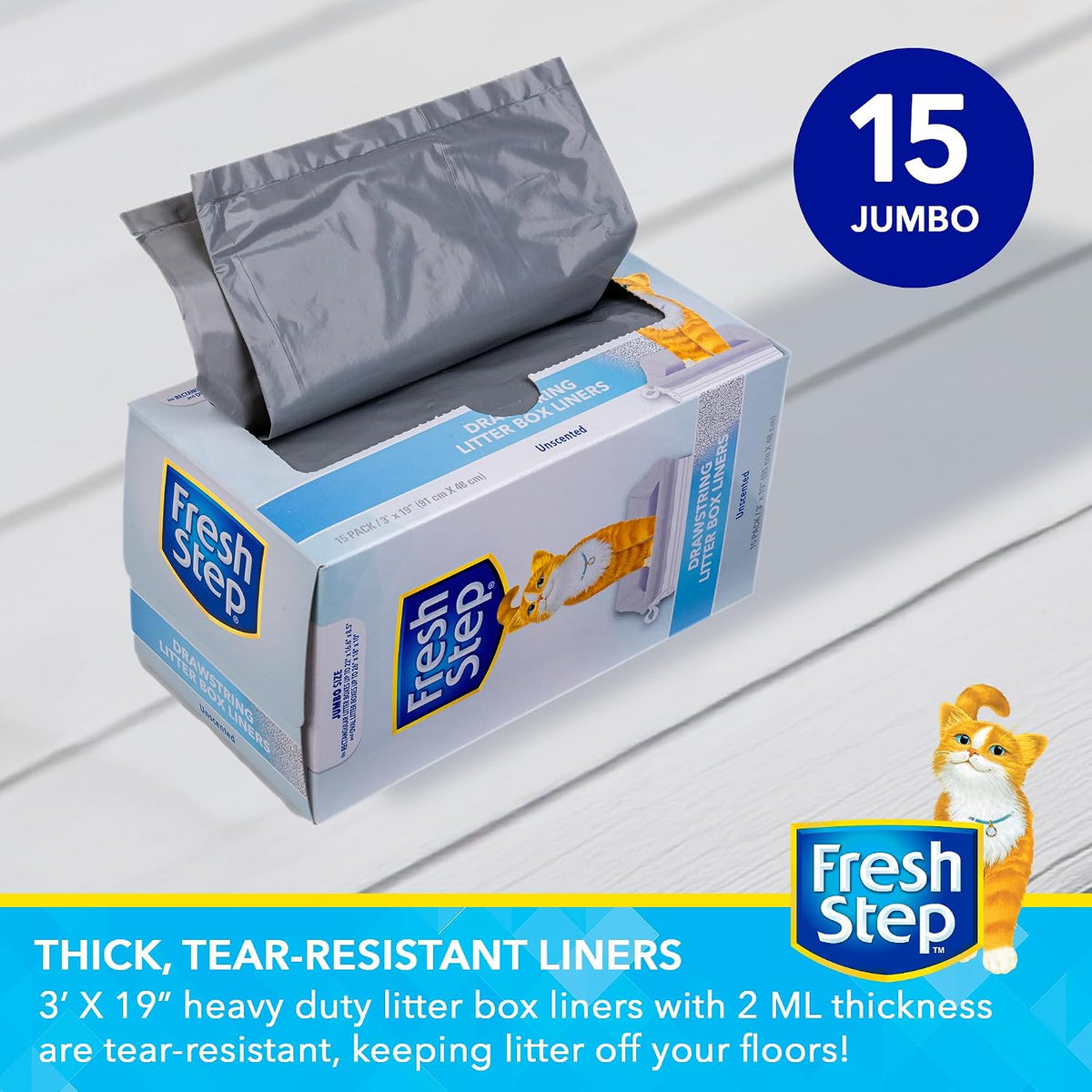 Fresh Step Drawstring Cat Litter Box Liners,Unscented, 3 ft x 19 in, 15 Ct | Heavy-duty drawstring design, for extra-large oval or rectangle pans, leak-proof, easy cleanup, daily use