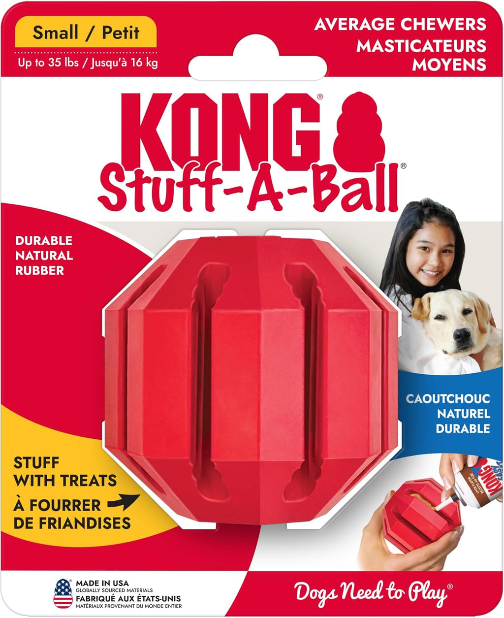 KONG Stuff-A-Ball, Natural Rubber Dental Chew Toy, for Small Dogs | Stuffable Dental Chew Toy for Teeth Cleaning, Fill with Treats & Snacks to Keep Dogs Busy & Engaged at Playtime