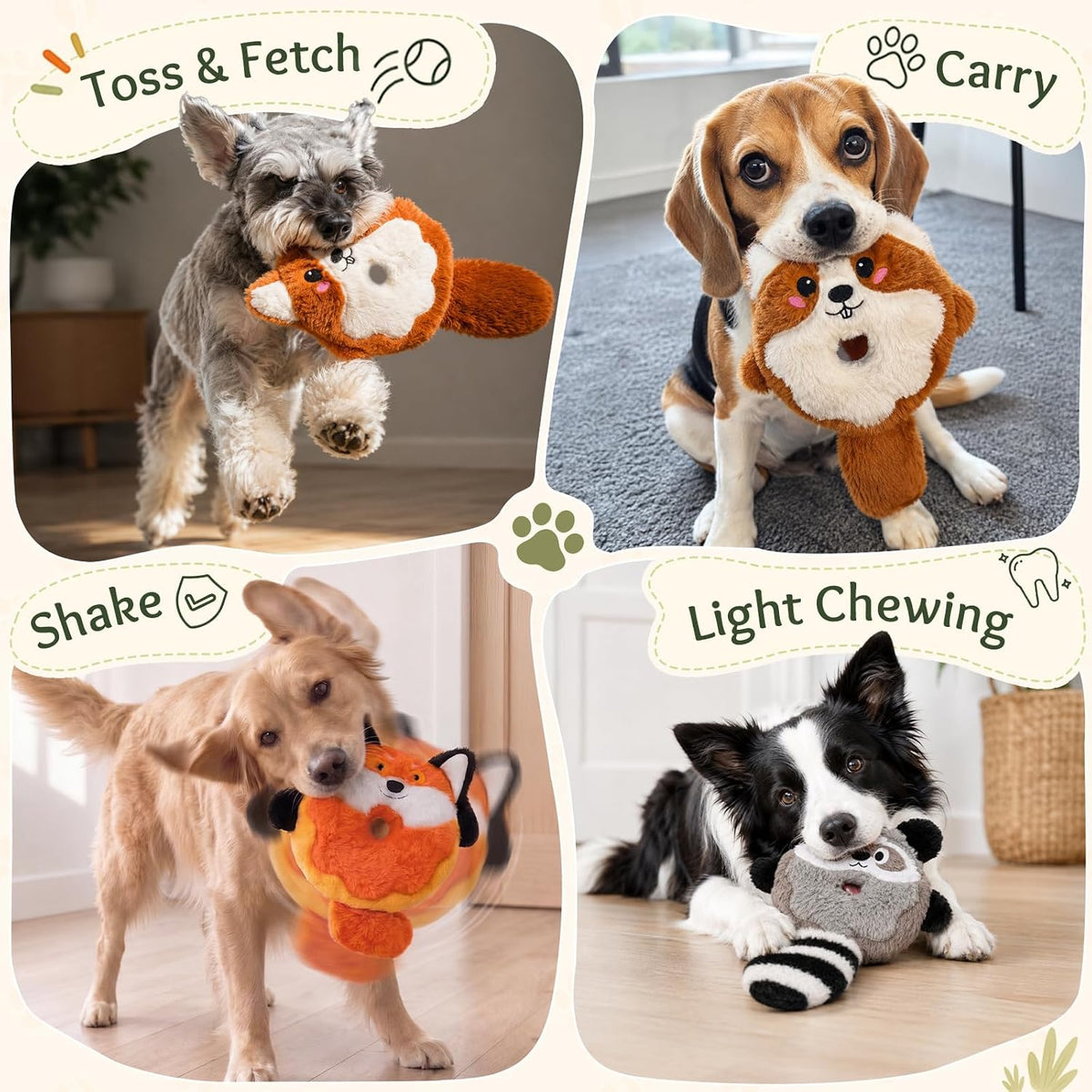 3-Pack Plush Squeaky Dog Toys with Crinkle Tails | Easy-Grip Open Center and Lightweight Design for Carrying, Shaking and Fetch, for Small Dogs & Puppies