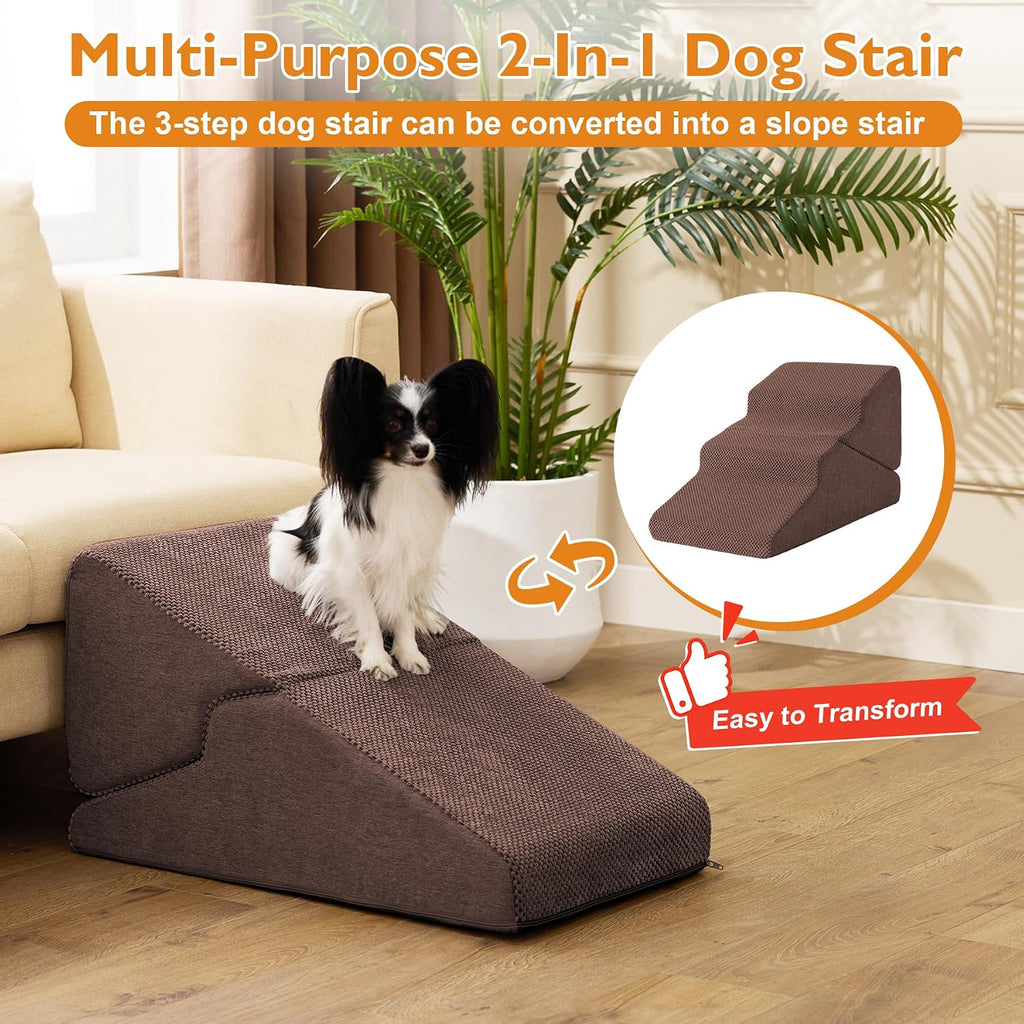 Ahpmeoa Dog Stairs for Small Dogs 16’’ H, 3-Step Dog Steps for Bed, Brown