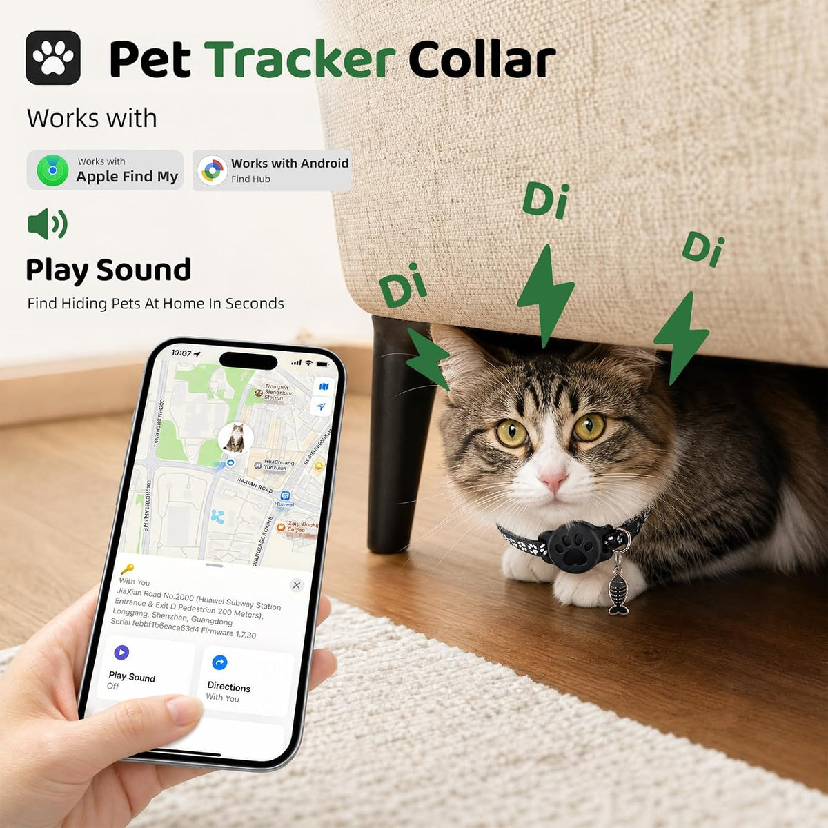 Pet Tracker Collar for Cats, Smart Collar for Small Dogs with Locator