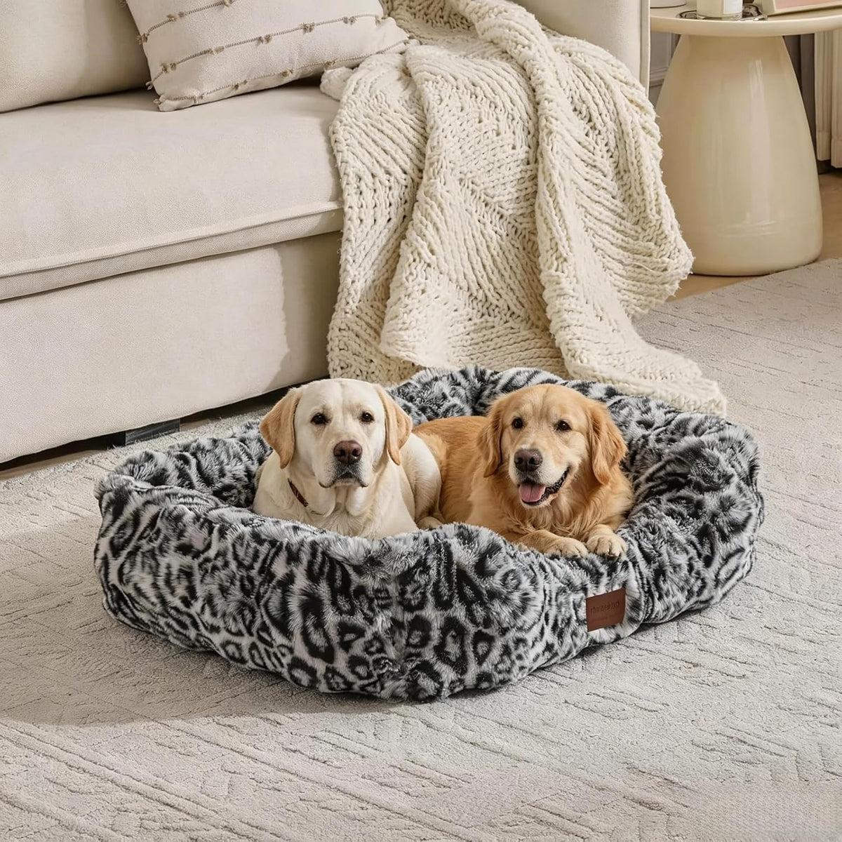 Washable Orthopedic Dog Bed,Rectangle Fleece & Luxury Pet Bed with Removable Zipper Cover & Anti-Slip Bottom,Suitable for Medium Large Dogs,30x25x7.5inches,Leopard Snow