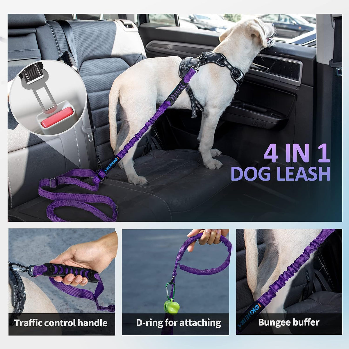 IOKHEIRA Multifunctional Dog Leash for Large and Medium Dogs - Adjustable With Car Seatbelt, 4-6 FT Strong Bungee, Purple