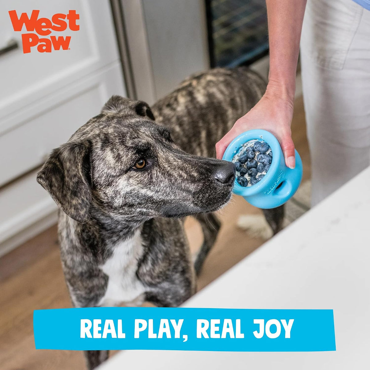 WEST PAW Zogoflex Toppl Interactive Treat Dispensing Puzzle Dog Toy for Mental Stimulation & Enrichment-Holds Kibble & Treats-Lickable, Freezable & Dishwasher Safe-Made in USA-Large-Aqua Blue