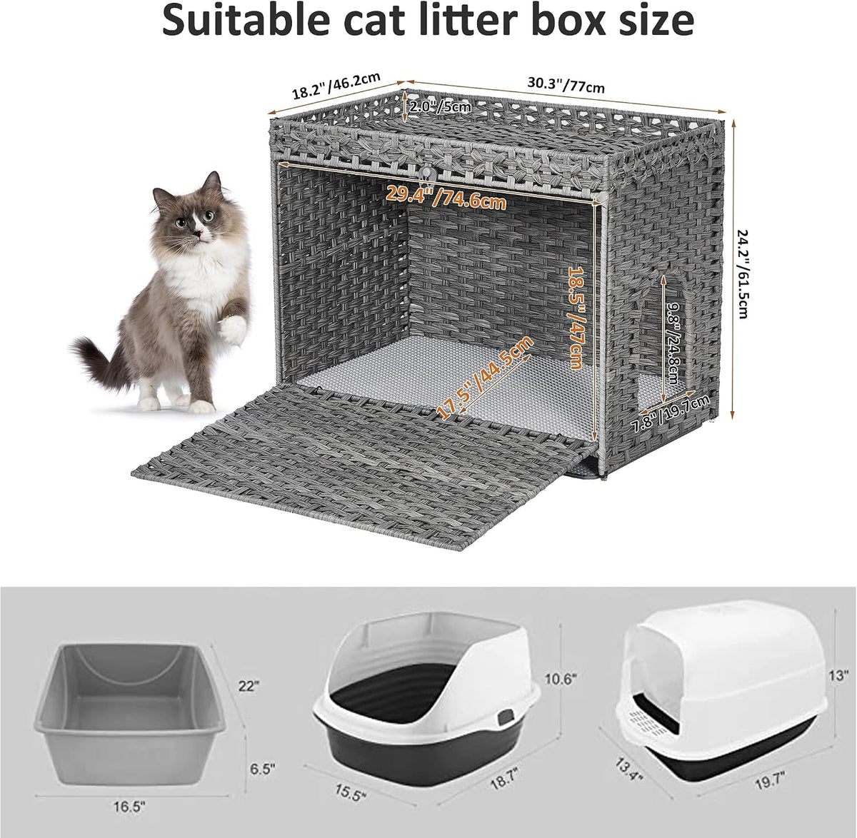 Cat Litter Box Enclosure with Door, Hidden Cat Washroom Furniture | Handwoven PP Wicker; Soft Litter Mat Included; Spacious Interior; Furniture-Style Design; Indoor Home Décor