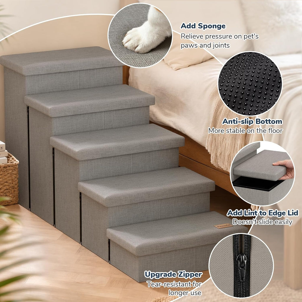 5-Step Wide Dog Stairs with Storage 23" H, Non-Slip Sturdy Pet Steps for High Bed Couch Window, Pet Stairs for Small/Medium/Large Old Dogs Cats Up to 260lbs, Cat Dog Steps for Car/SUV, Grey