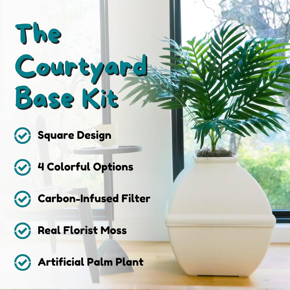 Good Pet Stuff Courtyard Hidden Litter Box Planter, Decorative Cat Litter Enclosure with Carbon Filter, Artificial Palm Plant, Square Design, Easy to Clean, Base Kit, White Birch