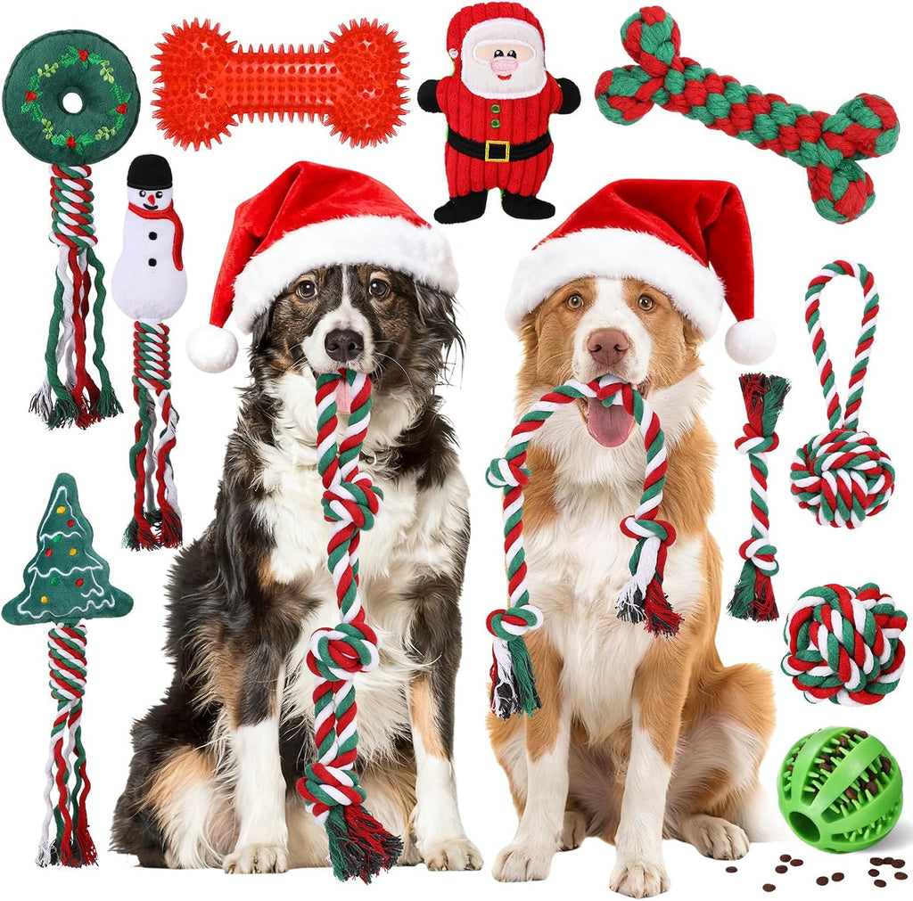 Vinsot 12 Pack Christmas Dog Gifts Large Dog Toys for Aggressive Chewers | Red Green White Dogs Teething Toys with Dental Rope Squeaky Balls and Chew Bone for Medium Large X-Large Breeds Dogs