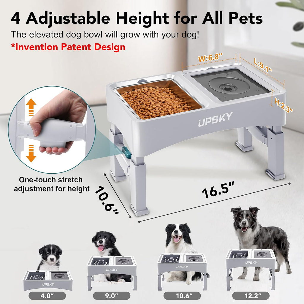 UPSKY 3-in-1 Elevated Dog Bowls Set with 4 Height Adjustable Stand, White