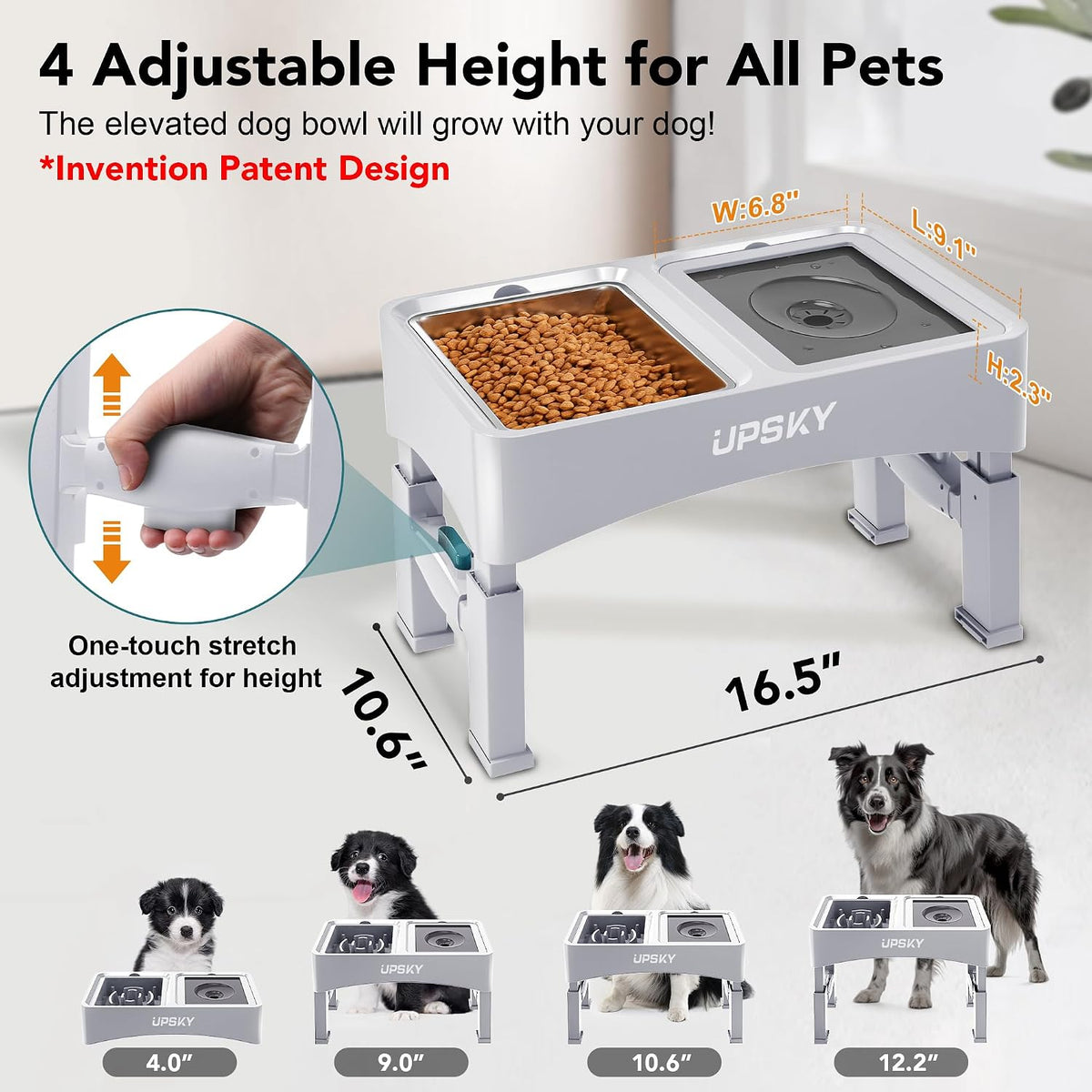 UPSKY 3-in-1 Elevated Dog Bowls Set with 4 Height Adjustable Stand, White