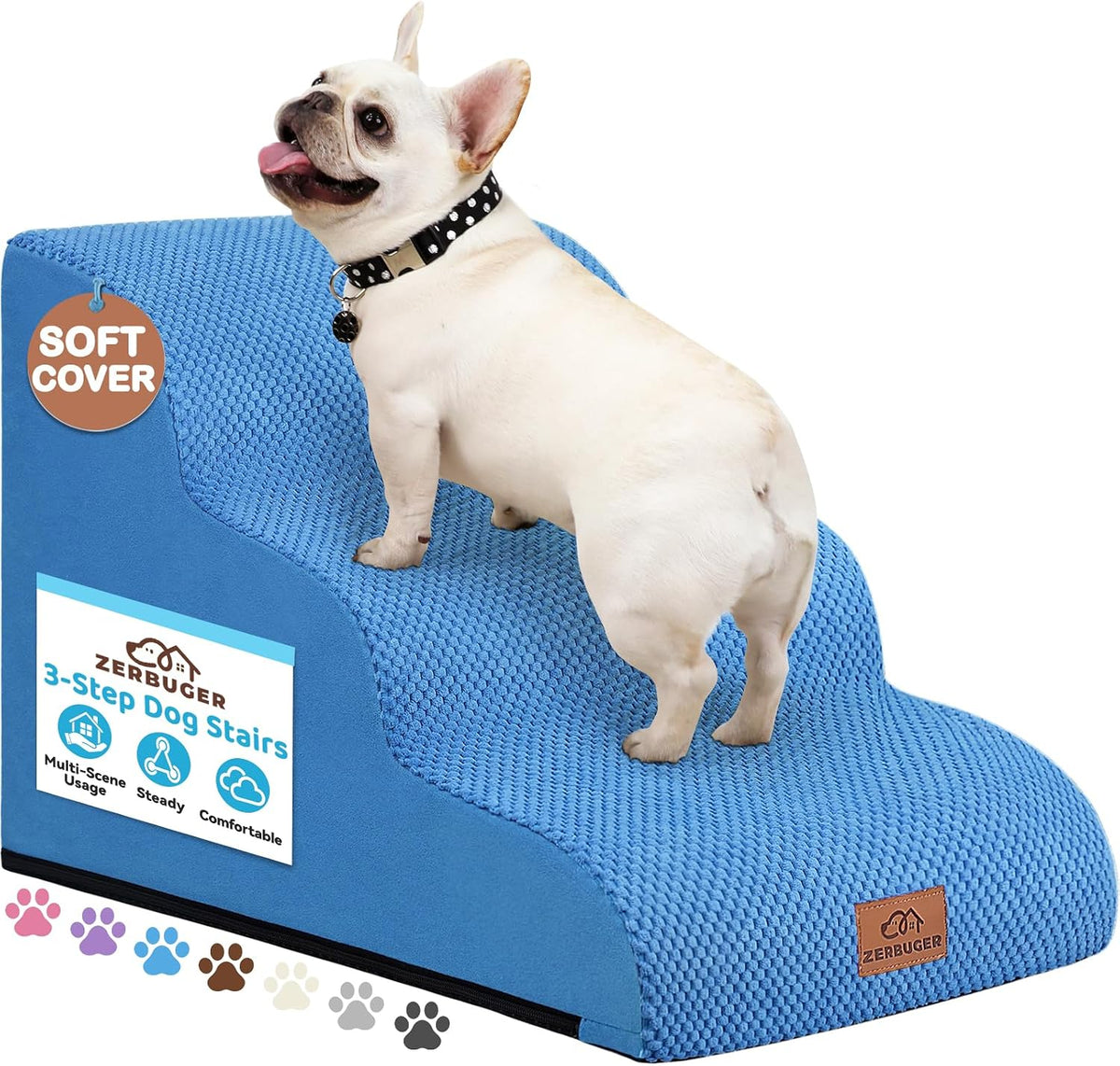 Zerbuger Dog Ramp and Stairs for Bed, Blue 3 Steps 16" H, Nonslip Cover