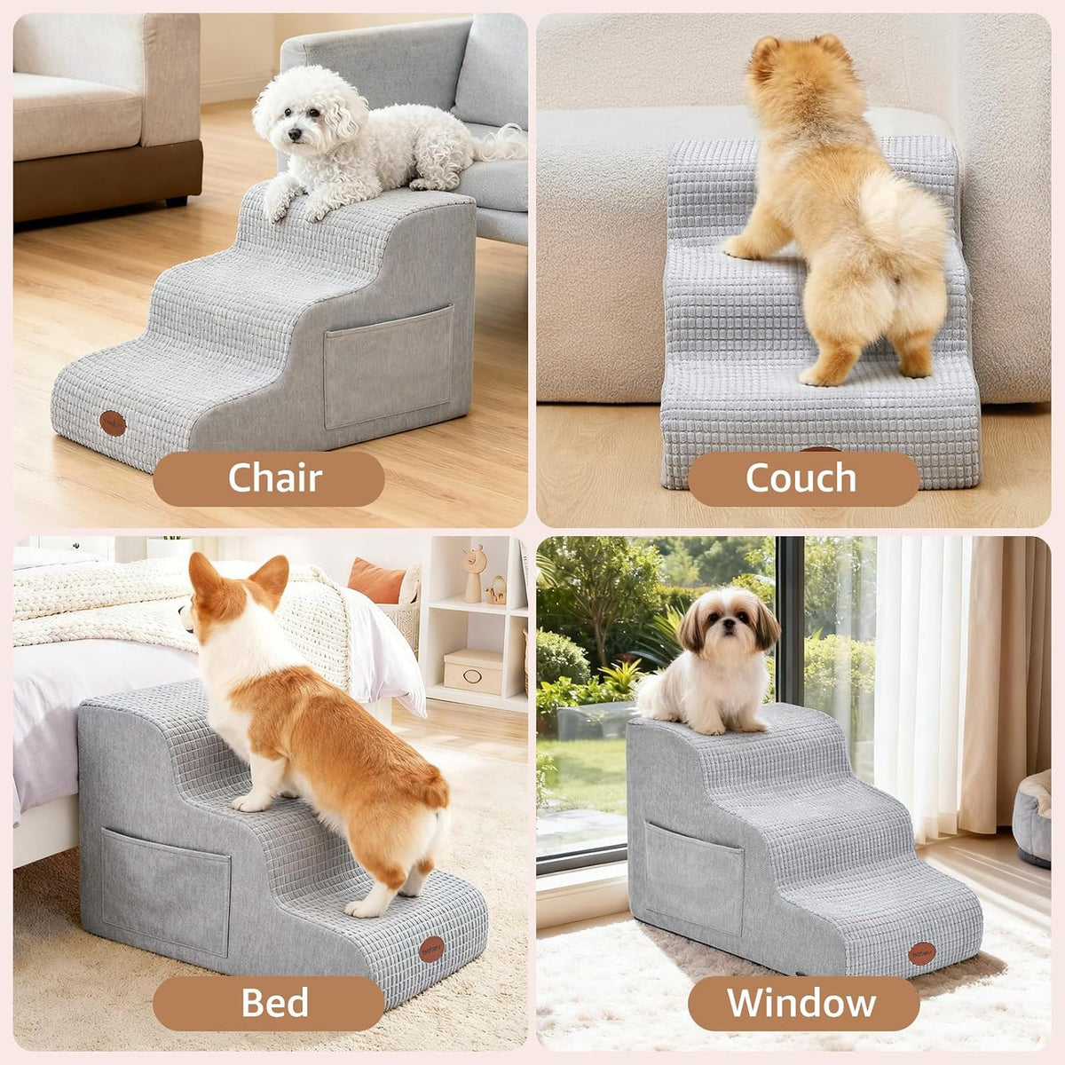 Woochpet 3-Tier Dog Stairs for Beds Foam Ramp Stairs for Couch Light Grey