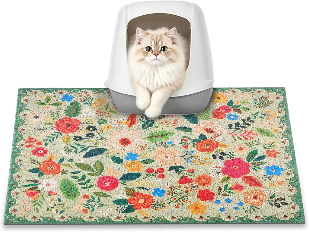 Cat Litter Mat, 24" x 16" Litter Box mat, Upgrade Non-Slip Kitty Litter mat, Traps 100% Litter, Soft on Kitty Paws, Easy Clean for Scatter Control, Bohe cat Food mat, Urine Waterproof | Traps 100% Litter, Cute litter mat for litter box, Soft on Kitty P...