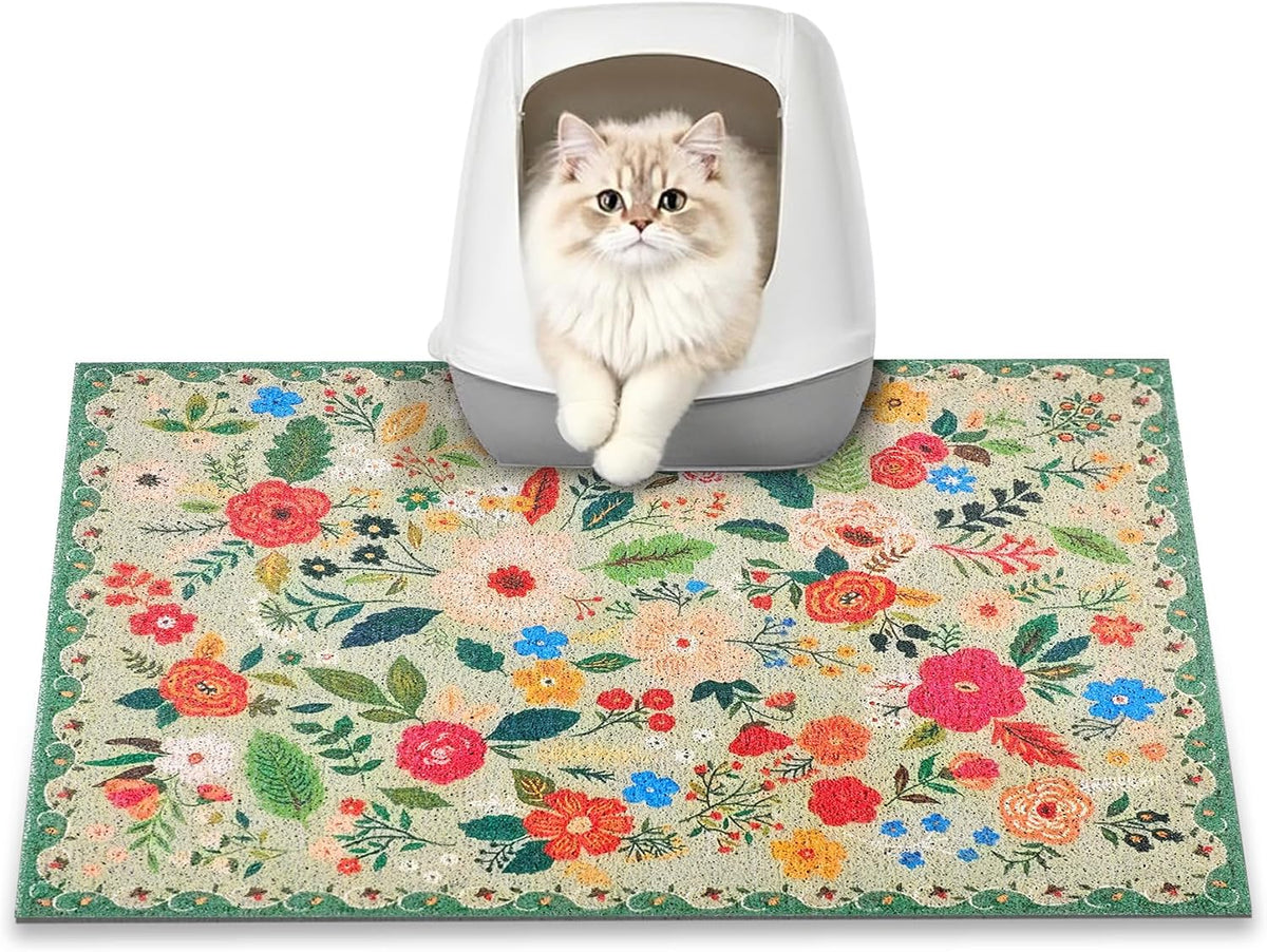 Cat Litter Mat, 24" x 16" Litter Box mat, Upgrade Non-Slip Kitty Litter mat, Traps 100% Litter, Soft on Kitty Paws, Easy Clean for Scatter Control, Bohe cat Food mat, Urine Waterproof | Traps 100% Litter, Cute litter mat for litter box, Soft on Kitty P...