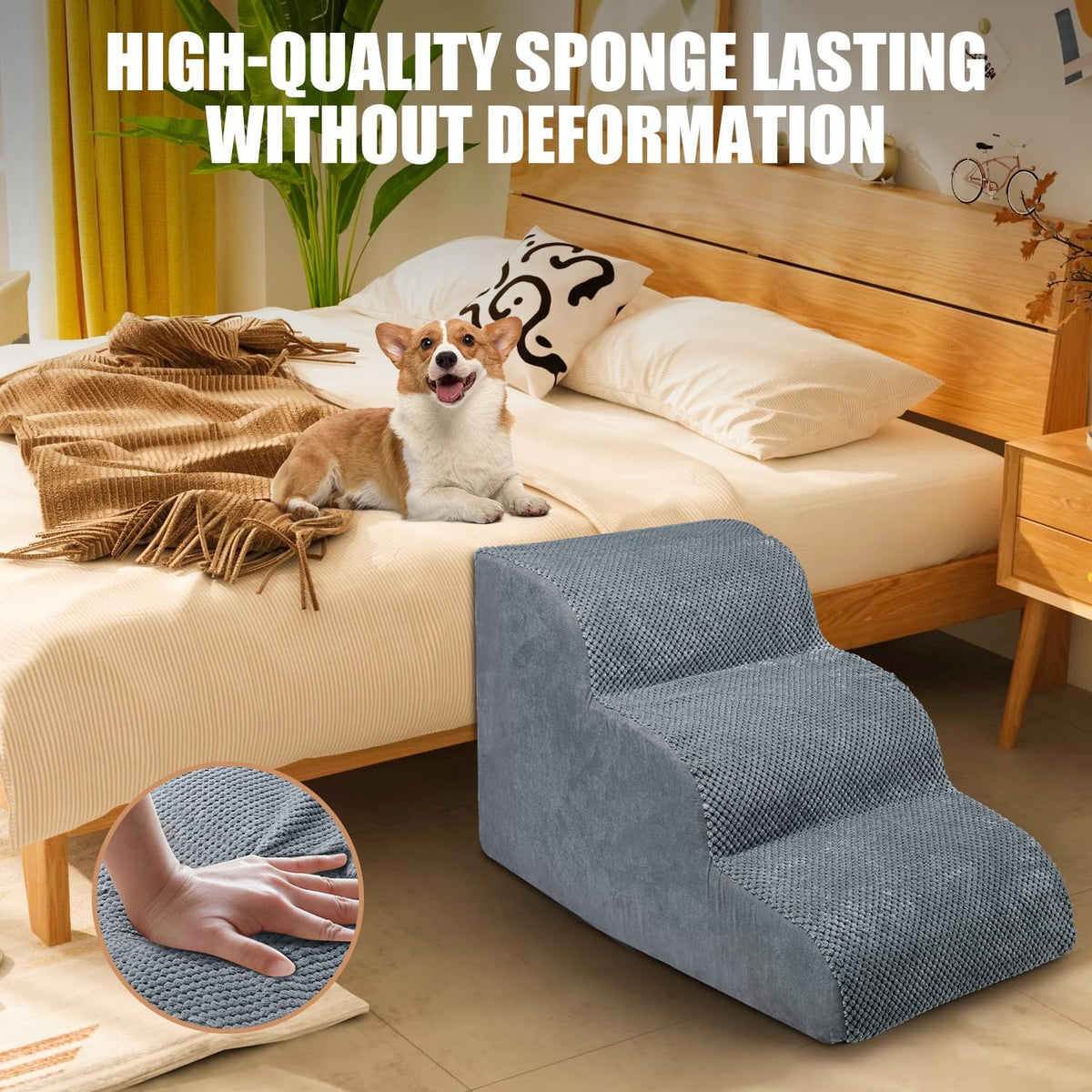 Chic Threads 3-Step Dog Stairs for Small Dogs, Dog Ramp for Bed 15.7" H