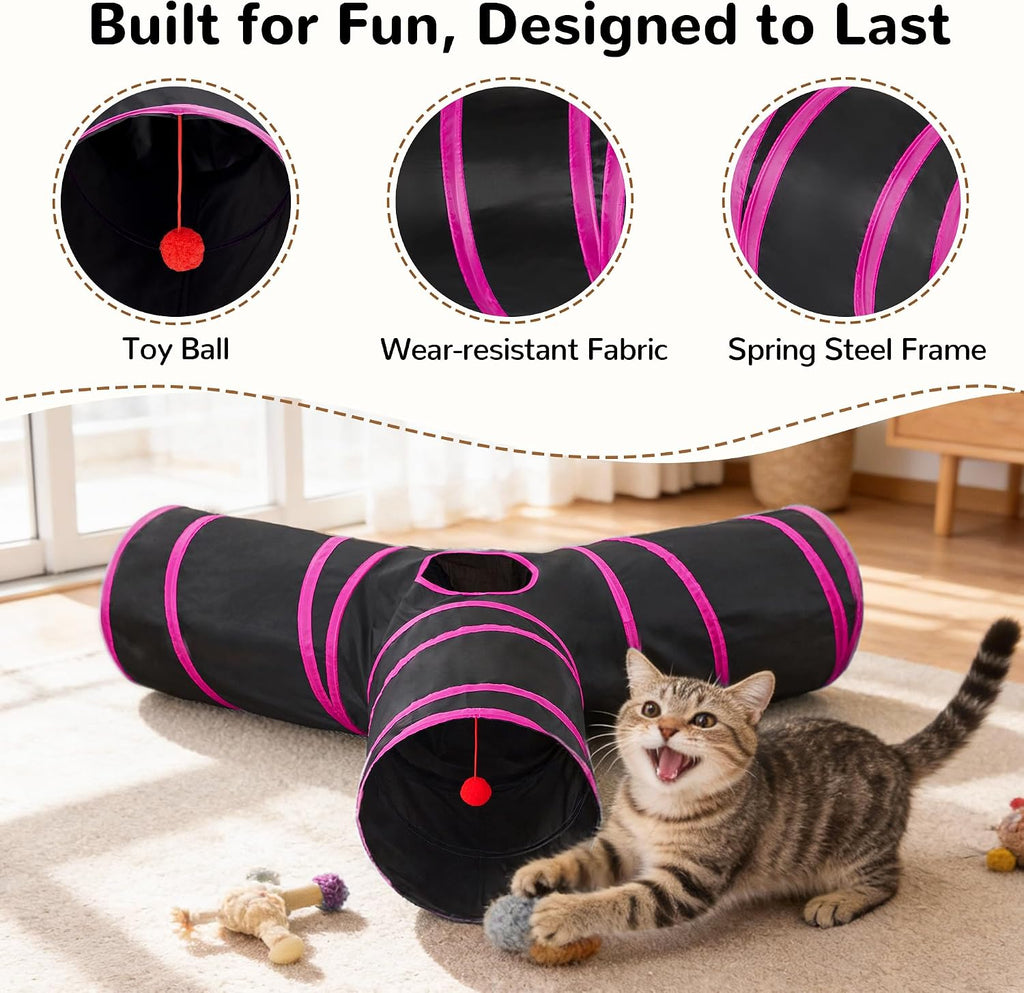 Tempcore Cat Tunnel, 3-Way Collapsible Toy, Large Size Black & Rose Red | Large Size 3-Way Cat Tunnel Provides More Room for Cats to Run, Hide and Chase, with Peek Holes, Hanging Ball and Teaser Wand
