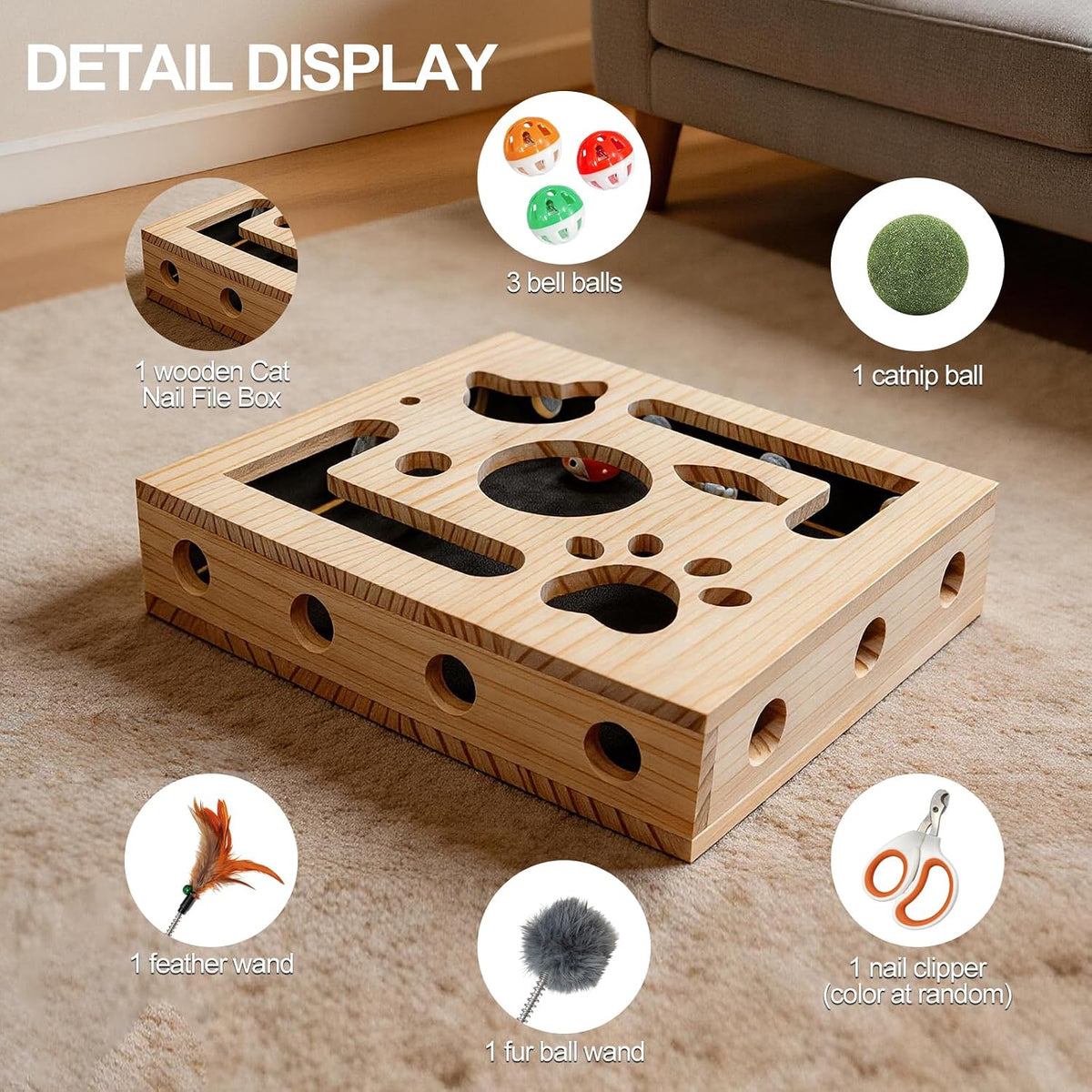 Cat Scratch Puzzle Box for Indoor Cats, Wooden Cat Enrichment Toy