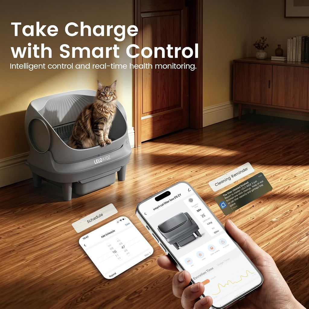 Self Cleaning Litter Box, Open Top 105L Automatic Litter Box for Multiple Cats, App Control, Safety Sensor, Anti-Pinch, Includes Mat & Liner - Gray